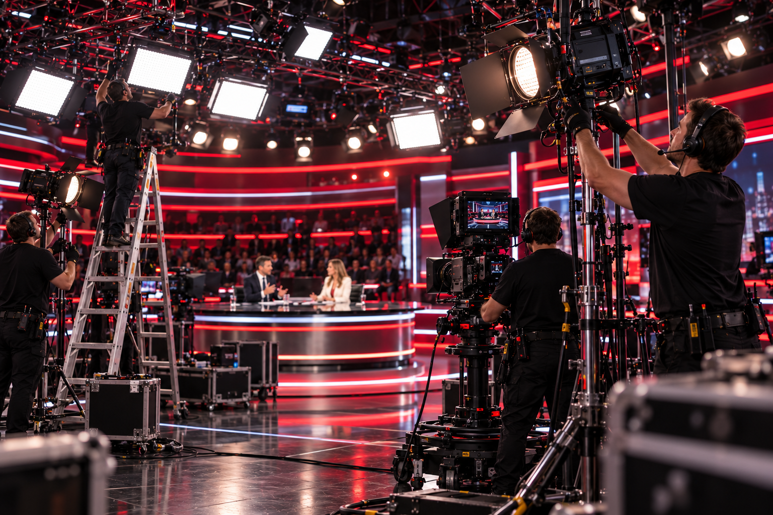 Lichttechniker richten Scheinwerfer und Kameras in einem rot beleuchteten Fernsehstudio ein